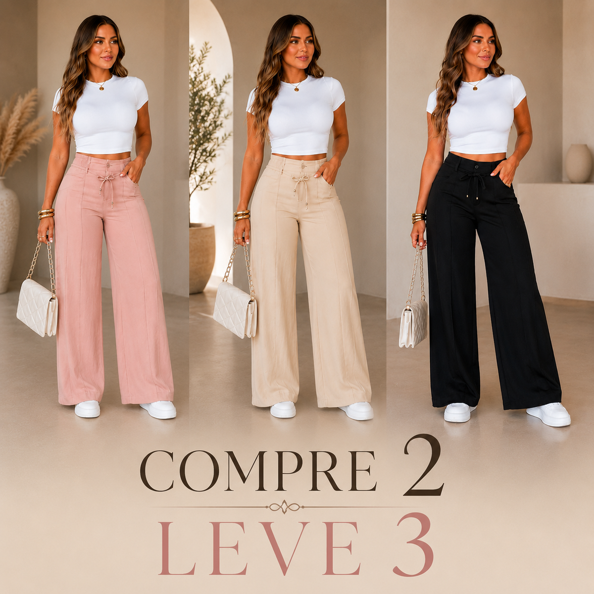 (Compre 2 e Leve 3) Calça Pantalona Julie em Malha de Seda Gelo e Poliéster