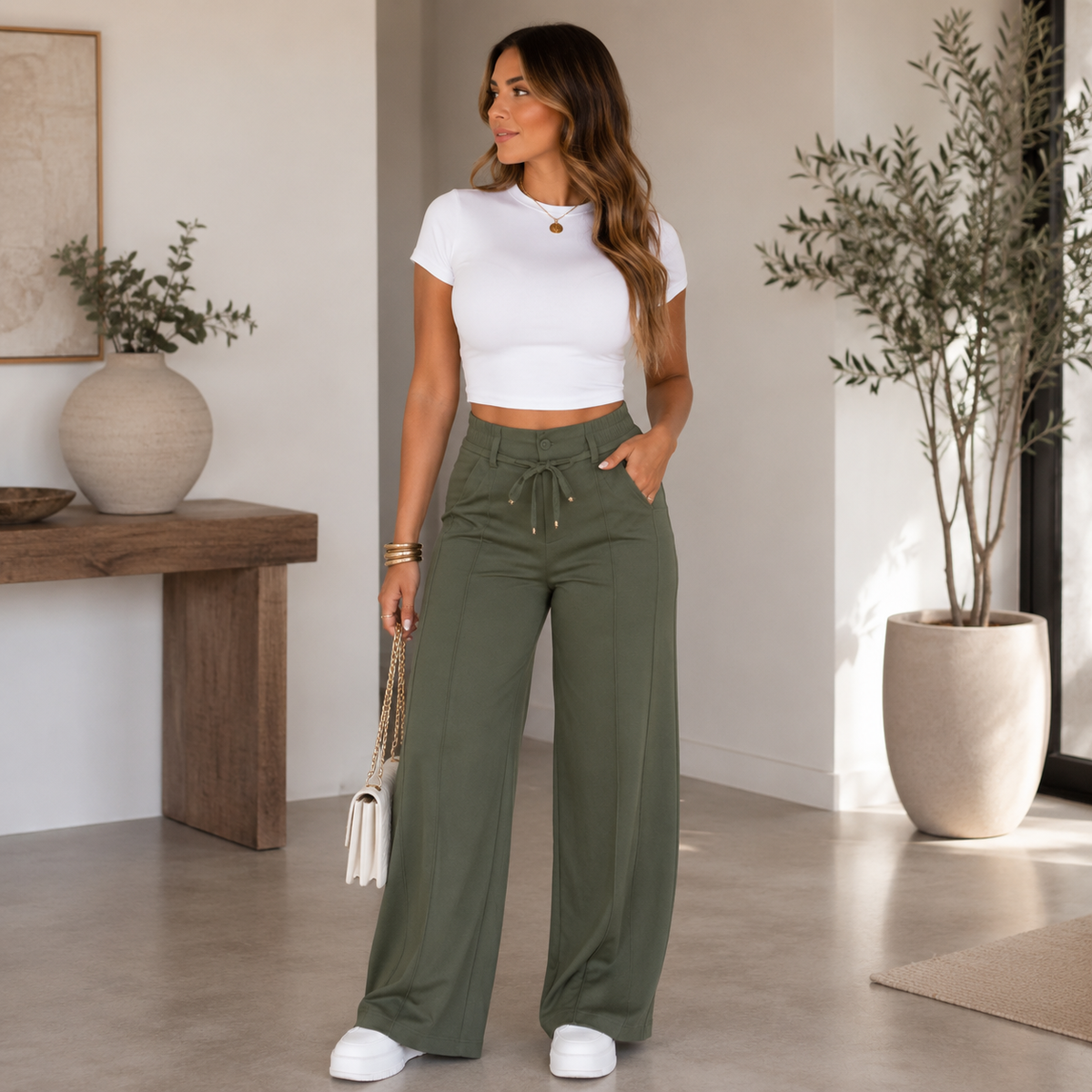 (Compre 1 e Leve 2) Calça Pantalona Julie em Malha de Seda Gelo e Poliéster