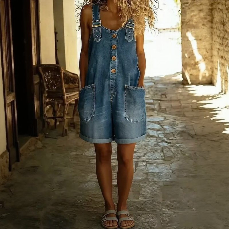 Macaquinho Jeans Lunessa™ Estilo Jardineira com Alças Ajustáveis e Bolsos Frontais